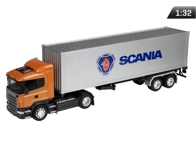 Zdjęcie produktu dla Model 1:32, SCANIA R470, ciągnik pomarańczowy - naczepa srebrna