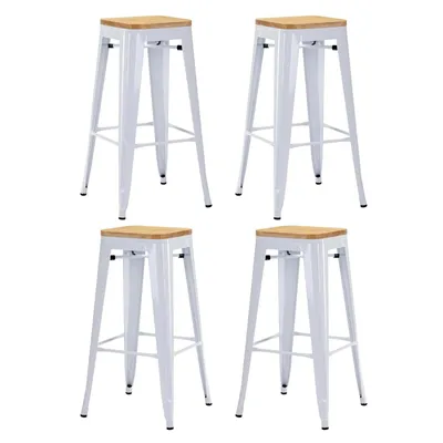 Produktbild von 4x Stuhl Hocker Metall Farbwahl Used Look Sitzfläche Holz Barhocker stapelbar, Farbe:Weiß+Naturholz, Material:Metall