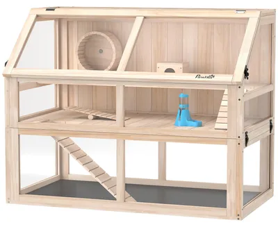 Produktbild von PawHut Hamsterkäfig aus Holz 3 Etagen Nagerkäfig mit Wippe Laufrad Hütte