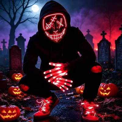 Zdjęcie produktu dla Maska LED na Halloween w stylu horroru - Maska i rękawice do kostiumu na Halloween - Maska na twarz z różnymi trybami podświetlenia, idealna na imprezy