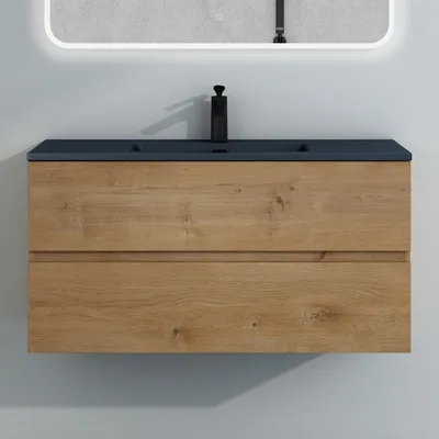 Produktbild von Mai & Mai Badmöbel-Set Waschtisch mit Unterschrank Mineralguss Waschbecken in Anthrazit Waschbeckenunterschrank 100x48x50cm Kerneiche 2-Schubladen Soft-Close Aqualis