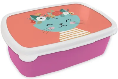 Produktbild von KitchenYeah® Lunchbox Brotzeit Brotdose 17x11 cm Katze - Blumen - Rosa Kinder Brotzeitdose - Lunchpaket - Brotkasten  - Sandwich Box