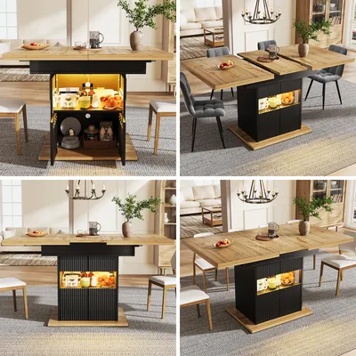 Productafbeelding van Uittrekbare eettafel, 110-140 cm, met opbergruimte, LED-verlichting, verstelbaar legplank, 60 kg (zwart)