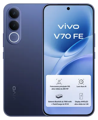 Produktbild von VIVO V70 FE Smartphone 6,83" AMOLED 5G, 8 GB RAM, 512 GB, 200-MP-Kamera, 7000-mAh-Akku, Android 16, Blau + TWS-Kopfhörer Buds Air3 + 90-W-Ladegerät