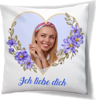 Produktbild von Frauen Tag Geschenk Kissen mit eigenen Fotos Personalisiertes FOTOGESCHENK (45 x 45 cm) Foto-kissen mit Deinem Foto Bedrucken Zum Jahrestag, Geburtstag, Valentinstag (mit Füllung) Herz Blumen Blau [091]