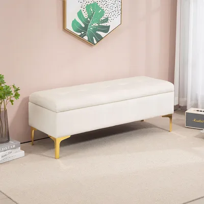 Produktbild von SUGIFT Polsterbank Bettbank, Sitzbank mit Stauraum, Knopfheftung Samtbezug, Beige  |  Goldene Metallbeine  |  bis 120 kg  |  120 x 44 x 44,5 cm
