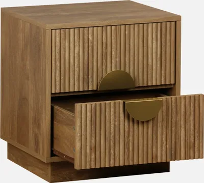 A wooden nightstand with two drawers, one of which is open.