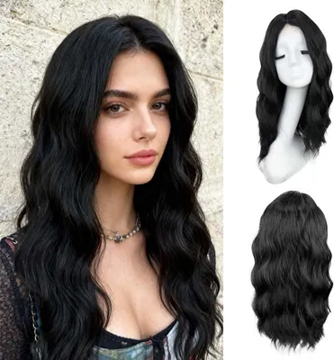 Produktbild von Damen Perücke mit Spitzenfront - Schwarze Zottellocken, Mittelscheitel, Natürlicher Haaransatz