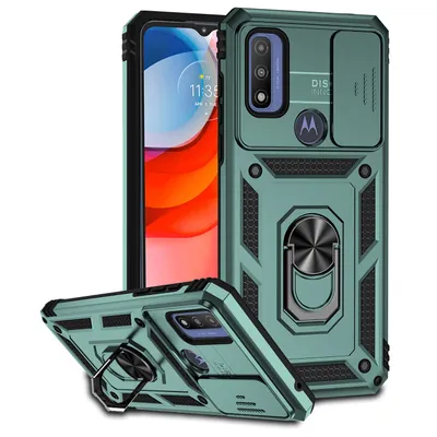 Immagine prodotto di Custodia per Motorola G Pure a doppio strato con copertura scorrevole della fotocamera e supporto ad anello verde