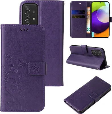 A collage of images showing a purple floral patterned flip phone case from different angles, including one showing the case open with a phone inside, and another showing the case closed.