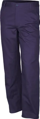 A pair of dark blue work pants shown from the front.