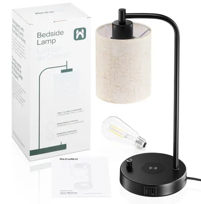 Image de Lampe de chevet LED, lampe de table avec port USB-A, port USB-C et chargeur sans fil