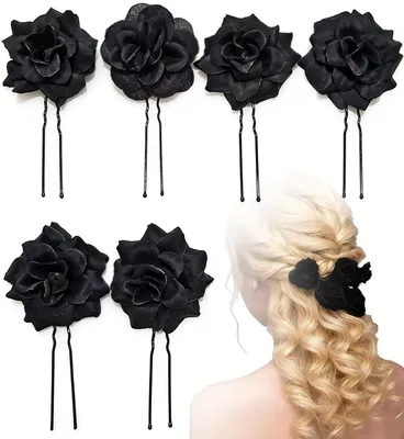 Produktbild von U-förmige Haarspange – 6 Stück – Rosenhaarspangen – U-Haarspange – U-Haarspange – Floraler Haarschmuck – U-förmiger Haarschmuck – Braut – Schwarz