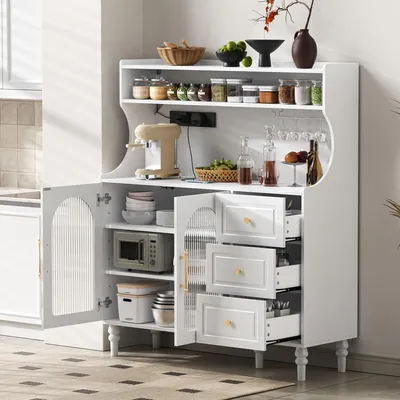 Obrázek produktu pro MODFU Barschrank / vysoká skříň s držáky na sklenice, příborník se zásuvkami a zásuvkami, příborník s nastavitelnými policemi, bílá