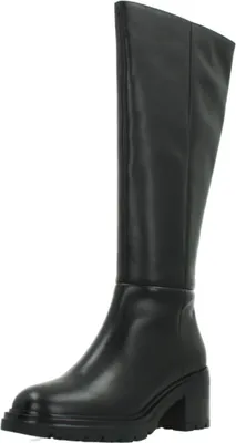A studio shot of a single black boot.