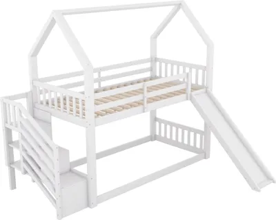 Produktbild von Etagenbett mit 2 Schlafgelegenheiten, Rutsche, Lattenrost, Rausfallschutz, 90x200cm, Kinderbett, Kiefer