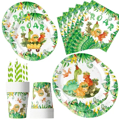Productafbeelding van Dino verjaardagsdecoratie set, 60-delig papieren servies voor kinderfeestje