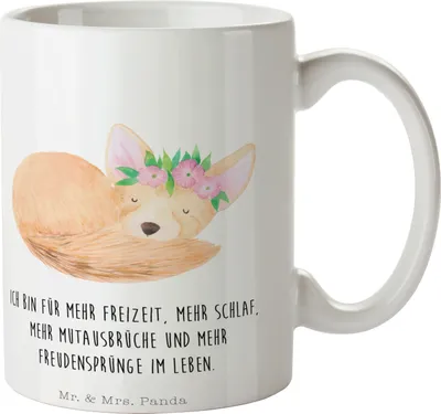 Produktbild von Mr. & Mrs. Panda Tasse Wüstenfuchs Blumen - Weiß - Geschenk, Trinkbecher, Afrika, Glücklich, Teetasse, Wüste, Kaffeetasse, haferl, Blumenkranz, Kaffeebecher