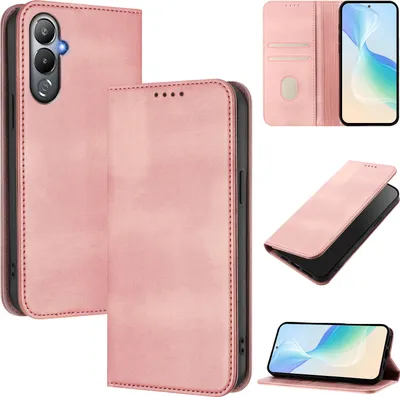 Produktbild von Handyhülle für Tecno Pova 4, Vintage Leder RFID Schutz Kartenfach Standfunktion Magnetische Klapphülle Pink