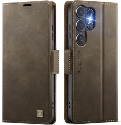 Produktbild von Lederhülle für Samsung Galaxy S26 Ultra, RFID Schutz Handyhülle mit Magnetverschluss, Kartenfächern und Ständer Braun