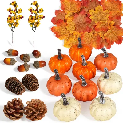 Produktbild von 51 Stück künstliche Kürbisse, Herbstdekorationen mit Eicheln, Tannenzapfen und Beeren