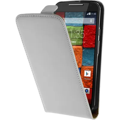 Produktbild von PhoneNatic Kunst-Lederhülle kompatibel mit Motorola Moto X 2014 2. Gen. - Flip-Case weiß + 2 Schutzfolien