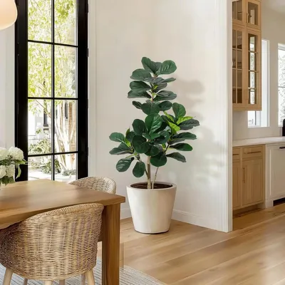 Obrázok produktu pre Umelá figovník lyrata (Ficus lyrata) – umelá rastlina, podlahová rastlina do interiéru – 120 cm – realistické 3D žilkovanie listov – keramický kvetináč – zelená
