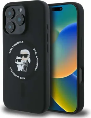 Produktbild von Karl Lagerfeld Flüssiges Silikon Handyhülle mit MagSafe für Apple iPhone 16 Pro Max, Karl und Choupette, Schwarz