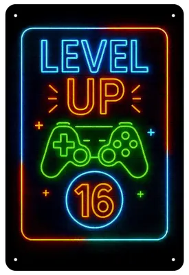 Produktbild von Blechschild 20x30cm Level Up 16 Gaming Geburtstag Neon Controller Motiv Metallschild Gamer Deko Kinderzimmer Geschenk AstraDesign