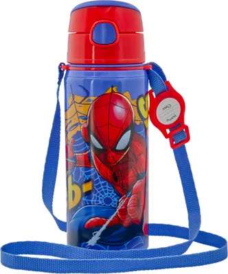 Produktbild von Kinder Trinkflasche Spiderman 600ml Blau Tragegurt Alu Marvel Held