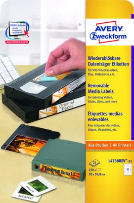 Produktbild von Avery Zweckform L4738REV-25 Etiketten für Speichermedien, 70 x 50,8 mm, 25 Blatt/250 Etiketten, weiß