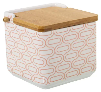 Obrázok produktu pre Keramická soľnička s dreveným viečkom v bielej, červenej a prírodnej farbe, rozmer 12 x 12 x 12 cm