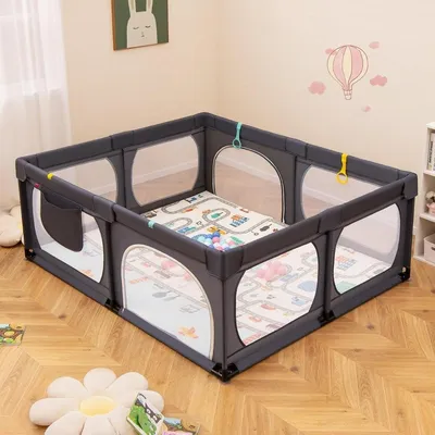 Produktbild von Baby Laufstall mit Matratze & 50 Spielbällen & 4 Zugringen & 4 Reißverschlusstür Dunkelgrau