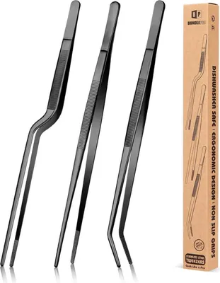 Image de 12 pouces Fines pinces de cuisine Set Pince alimentaire en acier inoxydable BBQ Noir