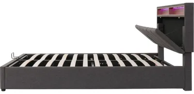 Obrázek produktu pro Čalouněná postel – postel s úložným prostorem 160 × 200 cm – LED osvětlení – hydraulický zvedací mechanismus – sklopné čelo – úložný prostor a zásuvky – ocelový rám – tmavě šedá