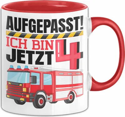 Produktbild von 4. Geburtstag Geschenk Tasse Becher Jungs Feuerwehr Aufgepasst Ich Bin Jetzt 4 (Rot)