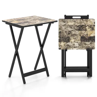 Two views of a foldable bistro table with a marble-like top and black metal legs, shown both open and folded.