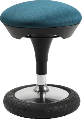 A studio shot of a teal and black office stool with a silver base and a rubber tire-like rim.