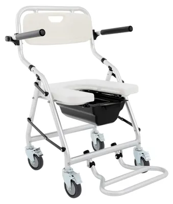 Produktbild von Toilettenstuhl mit Rollen, Duschstuhl fahrbar mit Fußstützen, hochklappbaren Armen, Töpfchen, 3 in 1 klappbarer Toilettenstuhl, bis 150 kg, WC-Stuhl für Senioren und Menschen mit Behinderungen