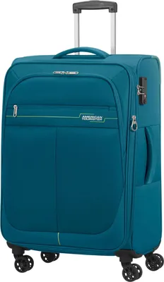 A teal American Tourister trolley with lime green accents is shown against a white background.