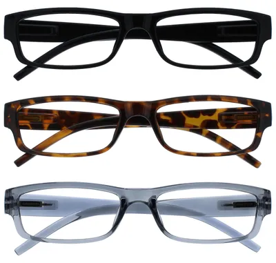 Produktbild von OPULIZE ACE Lesebrille für Damen und Herren - 3er-Pack - Schmaler Rechteckiger Rahmen - Komfort Federscharniere - Kratzfest - Schwarz Braun Schildpatt Grau +3.00