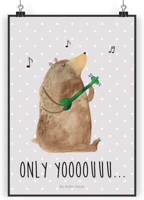 Produktbild von Mr. & Mrs. Panda Bild Bär Gitarre DIN A3 - Grau Pastell - Geschenk, wanddeko, Wandbild, Kunstdruck, Wandschmuck, Plakat, Teddy