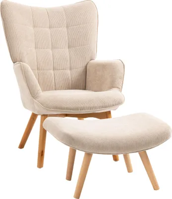 Produktbild von HOMCOM Ohrensessel mit Hocker, Relaxsessel, Polstersessel in Cord-Optik, Beige