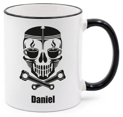 Produktbild von Personalisierte Tasse Kolben Totenkopf mit Wunschtext 300 ml Geschenk für Schrauber, Mechaniker, Motorsportfans, Biker, Auto, Motorrad, Oldtimer Fans