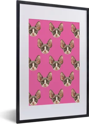 Produktbild von MuchoWow® MuchoWow® Gerahmtes Poster Katze - Rosa - Muster 40x60 cm - Poster mit zchwarzem Bilderrahmen - Poster in Rahmen