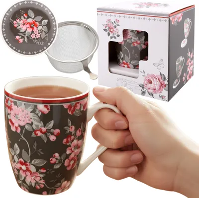 Obrázek produktu pro Porcelánový HRNEK 340 ml S čajové sítko A VÍČKEM na bylinky – BALENO V DÁRKOVÉ KRABICI