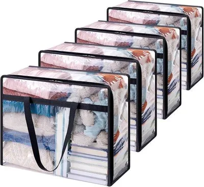 Immagine prodotto di Set da 4 - 60L - Sacchetti trasparenti per abbigliamento - Contenitori in PVC - Con cerniera - Organizzatori a scatola - Contenitori per biancheria - 60*42*24 cm