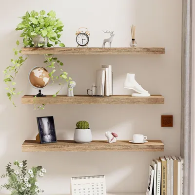 Immagine prodotto di Set di mensole da parete, 3 mensole in legno rustico, 60 cm, con supporti invisibili, ideali per il soggiorno