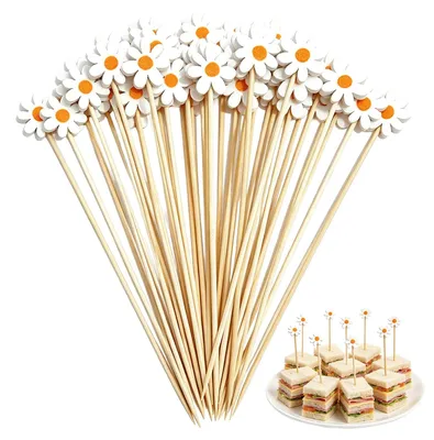 Produktbild von 100 Cocktailspieße aus Bambus mit Blumenmuster, 13 cm lang