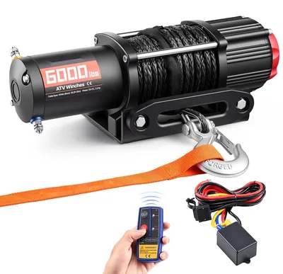 Produktbild von Elektrische Seilwinde - 12V Elektrowinde - 2721 kg Zugkraft - Synthetikseil 6,35 mm x 15 m - Funk- & Kabel-Fernbedienung - Für ATV, UTV & Offroad-Fahrzeuge